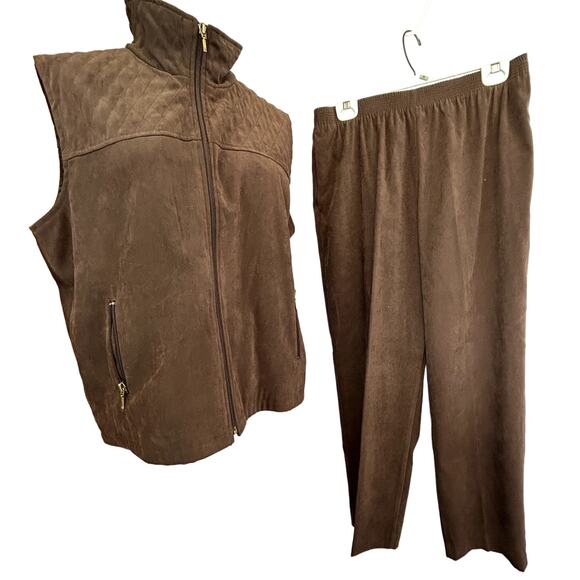 Vintage Allison Daley 14 Petite vest and Pants brown faux suede LINED - Picture 1 of 13